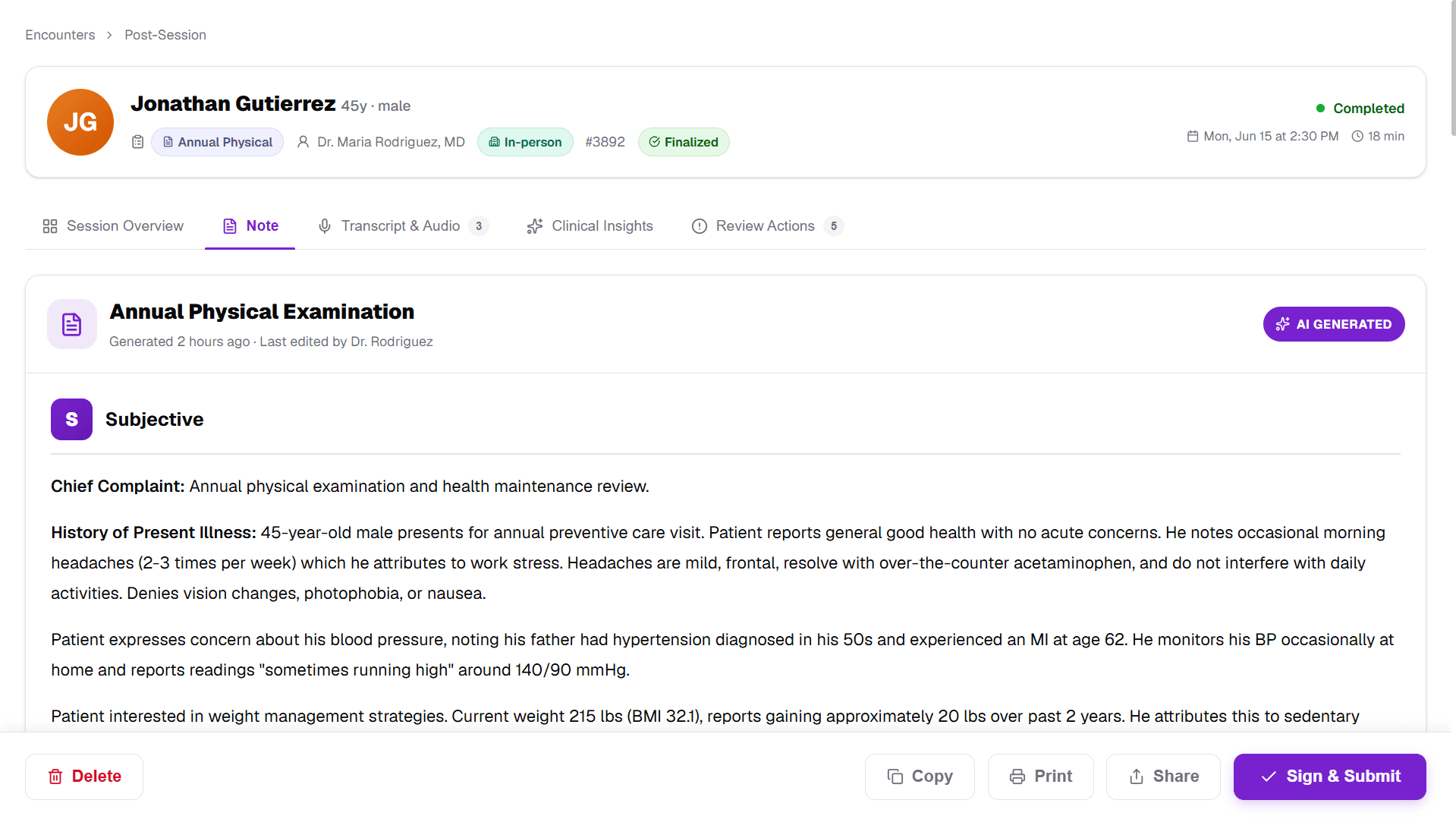 ZScribe AI chart note ready for provider sign-off