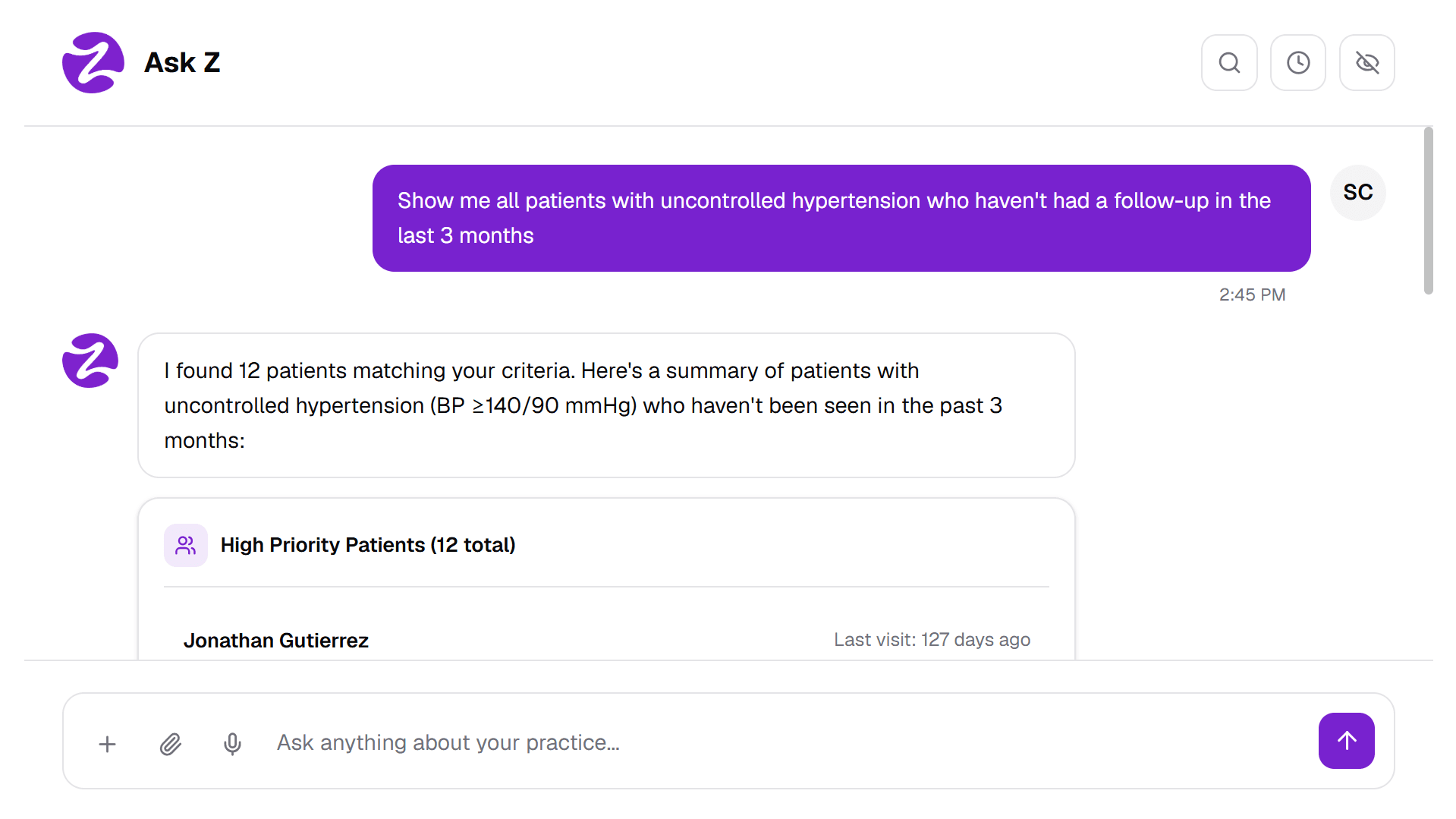 Ask Z, the ZScribe AI assistant preparing visit context
