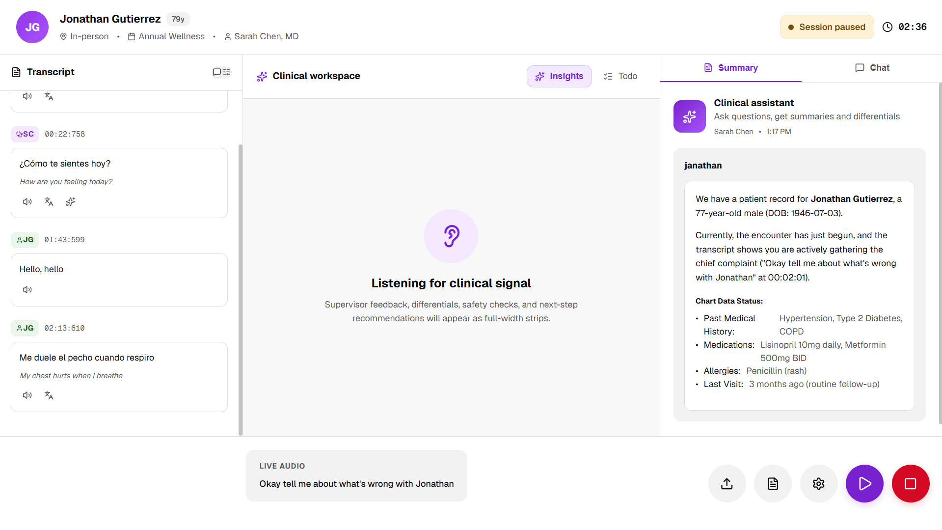 ZScribe encounter workspace with live transcript
