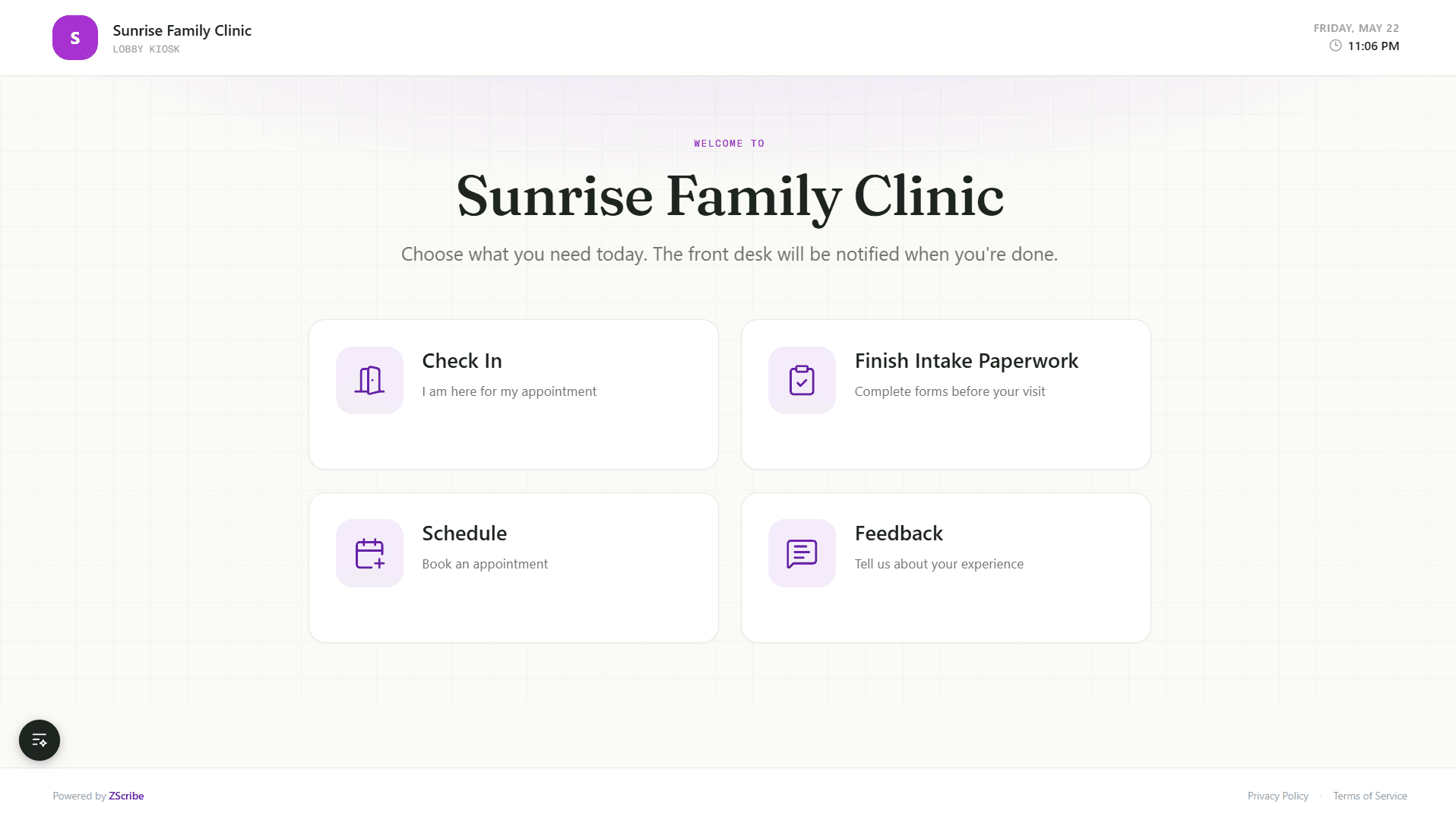 ZScribe lobby kiosk for patient self check-in