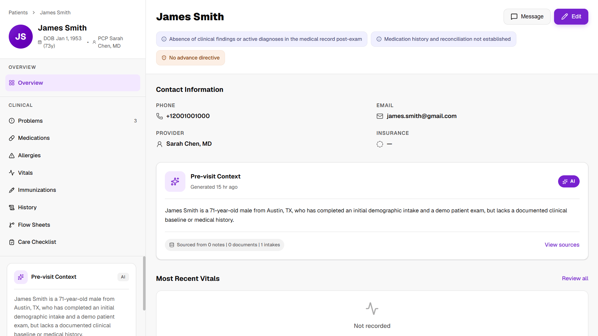 A ZScribe patient chart — overview, clinical history, and AI-generated pre-visit context in one view
