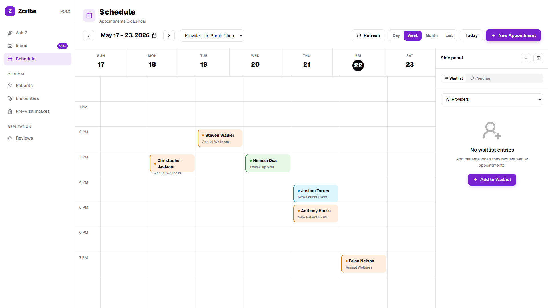 ZScribe scheduling across providers and visit types