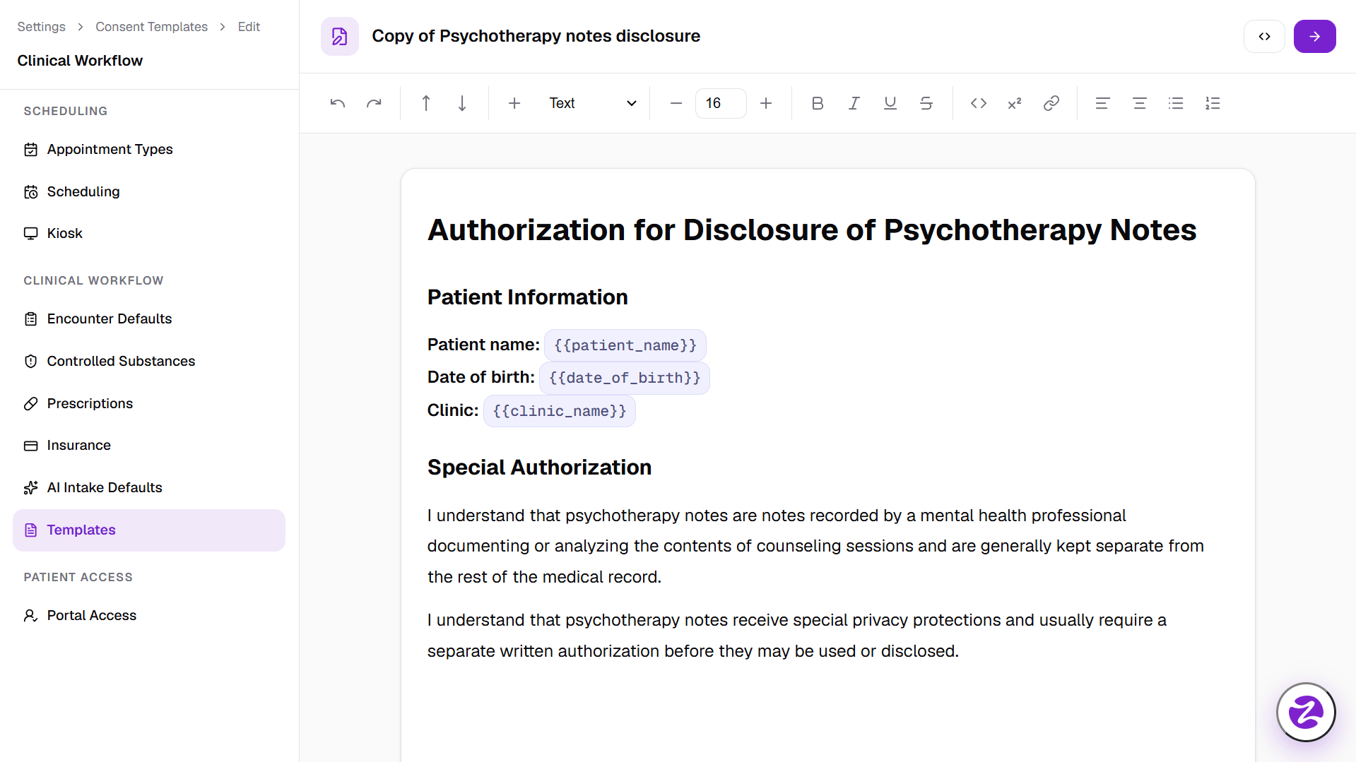 ZScribe consent and insurance verification on the patient record
