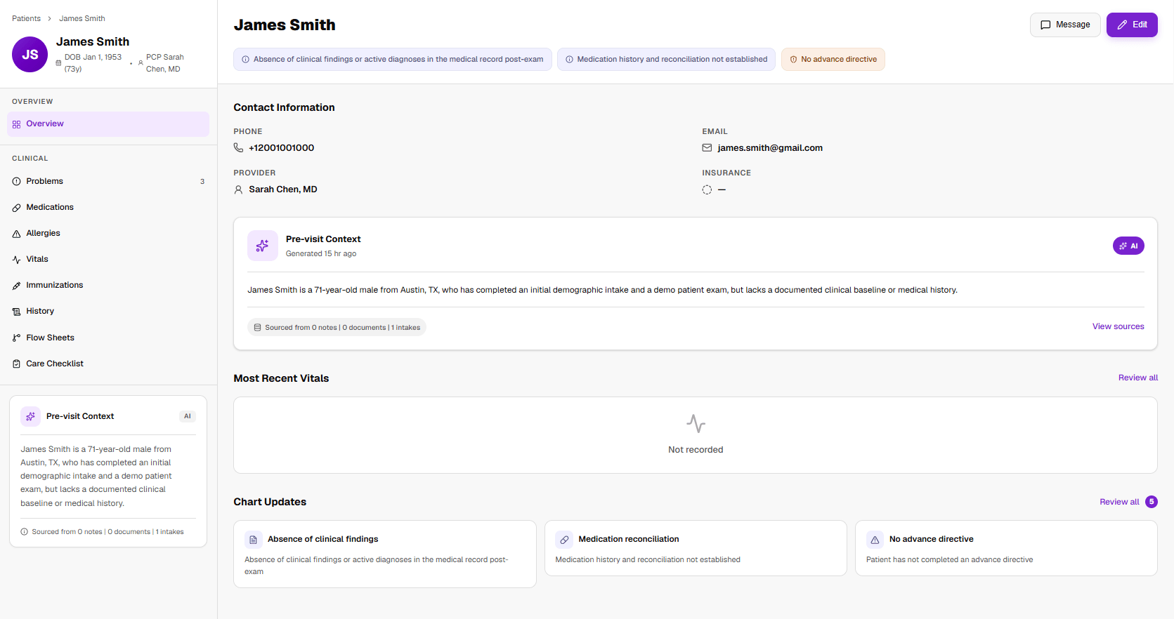 The AI-generated pre-visit brief the provider sees on the patient chart