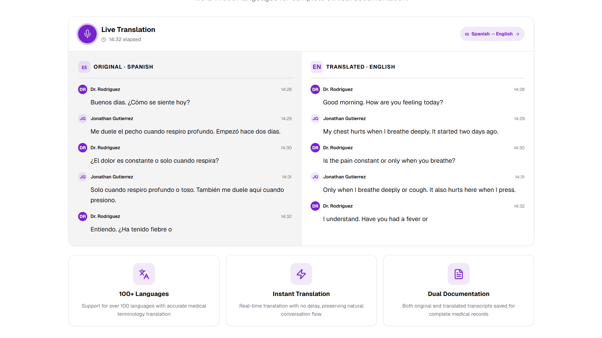 ZScribe live transcript translating between languages during a visit